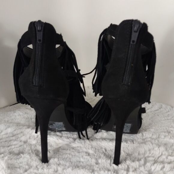 Candie's Black Suede Fringed Heeled Sandals - Picture 4 of 8